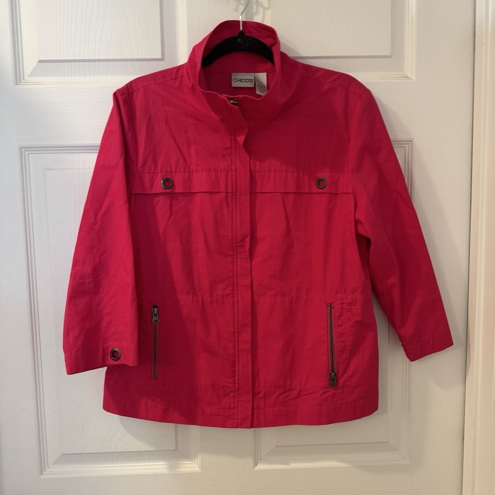 Chicos Zip Front Jacket Redish Pink Lightweight Women Size 1  100% Cotton US Med